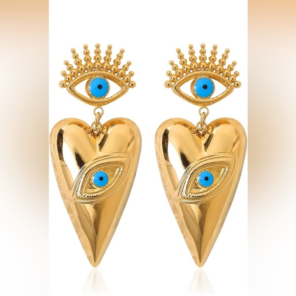 Anthropologie Gold and Blue Heart Eye Earrings - Picture 2 of 6